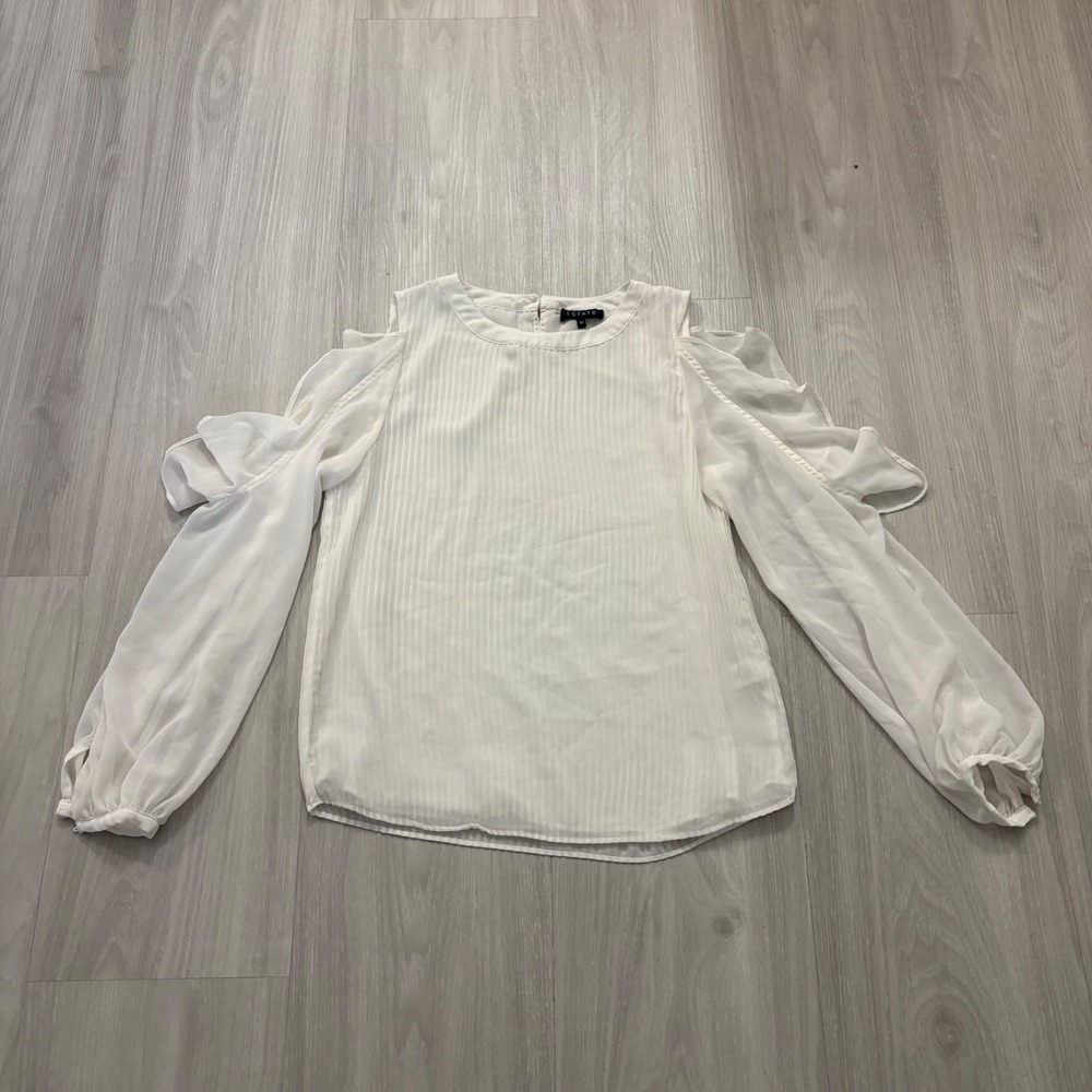 1.STATE Blouse Women White Cold Shoulder Ruffle Sleeve Pinstripe Blouse Size M